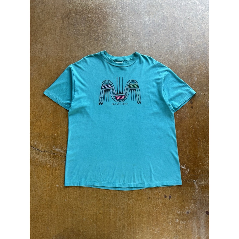 Vintage 90s Rain Bird Spirit Art Southwestern Teal T-Shirt XL Hanes USA Made